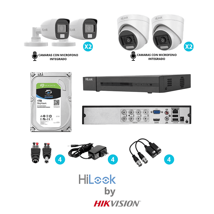KIT 4 CÁMARAS SEGURIDAD FHD 1080P C/Audio y Smart Hibrid Ligth con DVR 8Ch 3K Lite 1