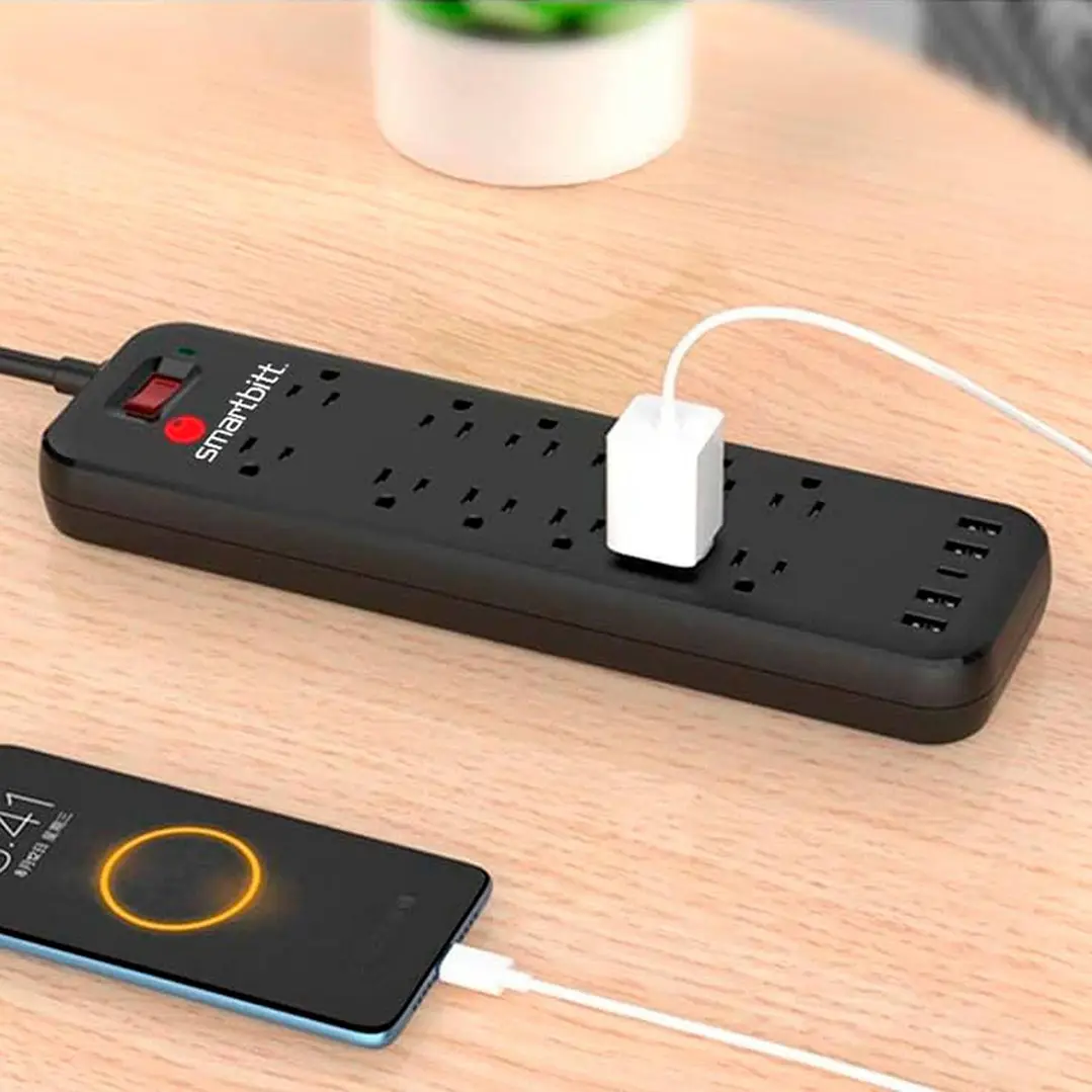 SUPRESOR DE PICOS SMARTBITT SBSS-B12-5U CON 12 TOMAS + 4 USB TIPO-A 5V 2.4A + 1 USB-C NEGRO 3