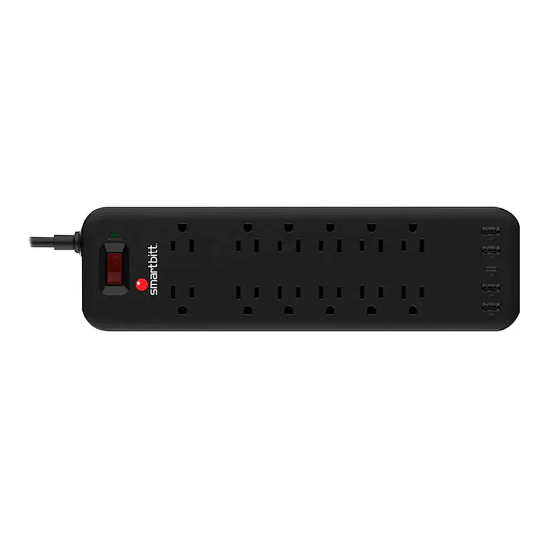 SUPRESOR DE PICOS SMARTBITT SBSS-B12-5U CON 12 TOMAS + 4 USB TIPO-A 5V 2.4A + 1 USB-C NEGRO 2