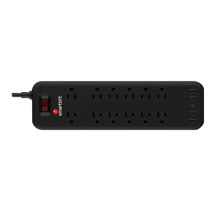SUPRESOR DE PICOS SMARTBITT SBSS-B12-5U CON 12 TOMAS + 4 USB TIPO-A 5V 2.4A + 1 USB-C NEGRO 2