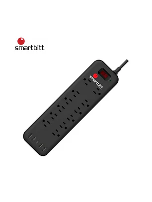 SUPRESOR DE PICOS SMARTBITT SBSS-B12-5U CON 12 TOMAS + 4 USB TIPO-A 5V 2.4A + 1 USB-C NEGRO