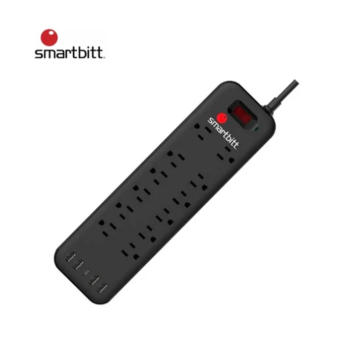 SUPRESOR DE PICOS SMARTBITT SBSS-B12-5U CON 12 TOMAS + 4 USB TIPO-A 5V 2.4A + 1 USB-C NEGRO 1