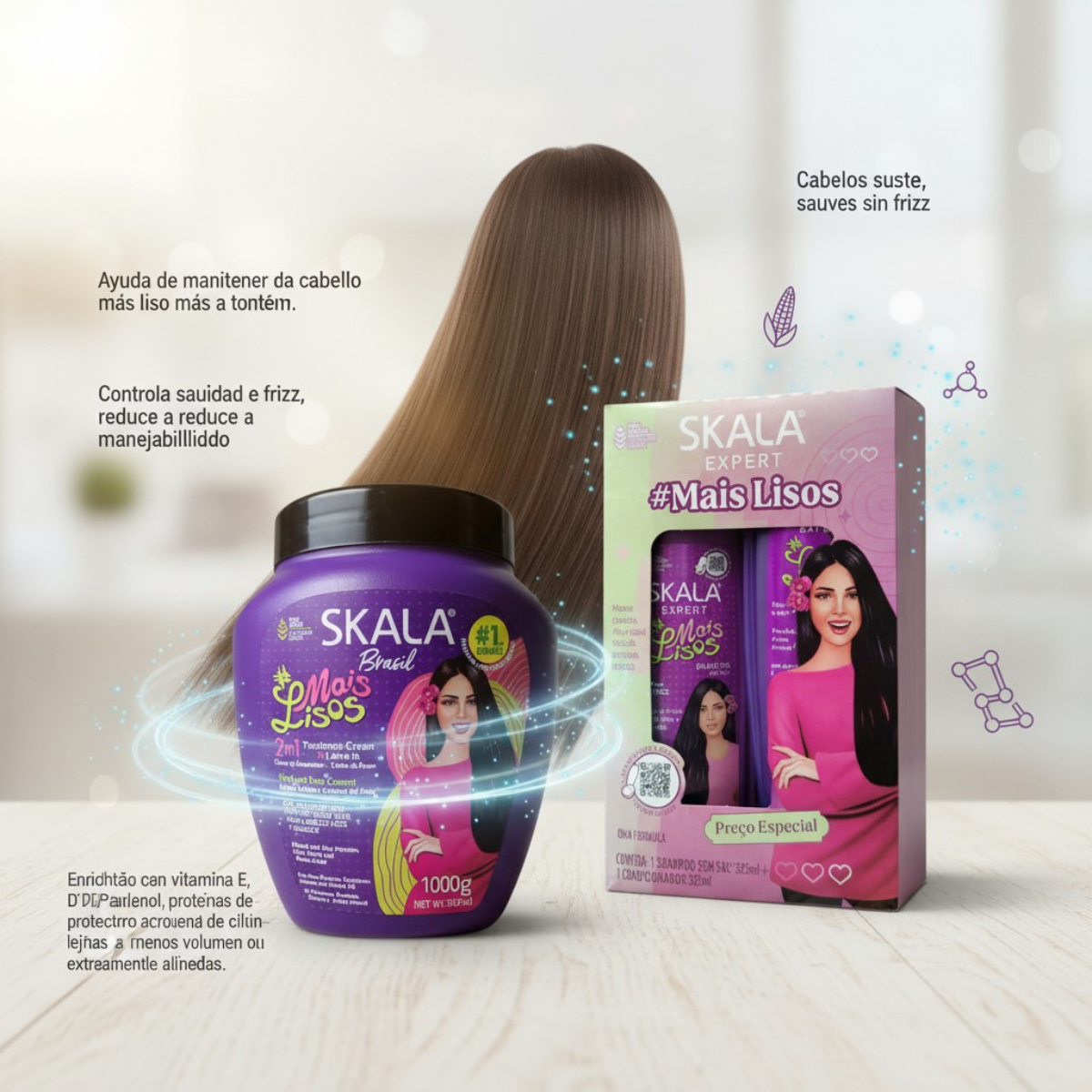 Skala Mais Lisos Kit: Shampoo, Acondicionador 2 en 1 | Efecto Liso 3