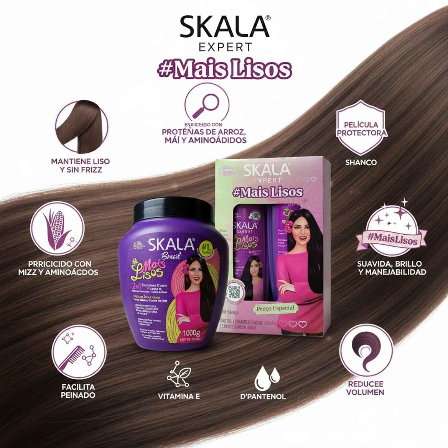 Skala Mais Lisos Kit: Shampoo, Acondicionador 2 en 1 | Efecto Liso 2