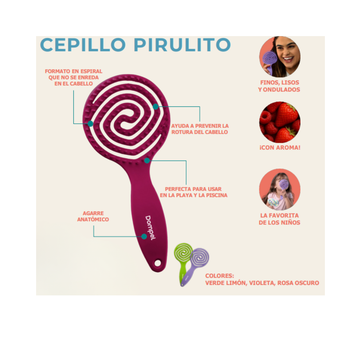 Cepillo desenredante Pirulito con aroma  morango o frambuesa 7