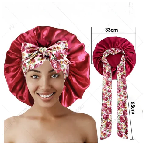 Gorro de Satin con pretina  ancha mas lazo estampado tamaño grande