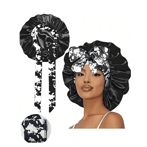 Gorro de Satin con pretina  ancha mas lazo estampado tamaño grande