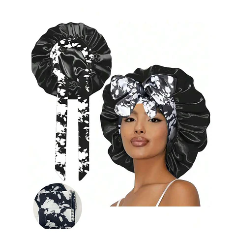 Gorro de Satin con pretina  ancha mas lazo estampado tamaño grande