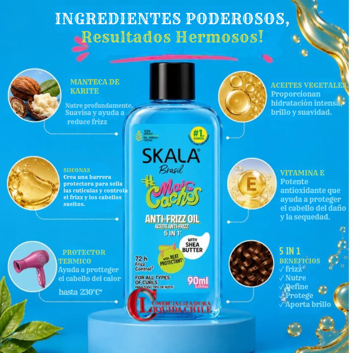 Aceite capilar 5 en 1 antifrizz Skala Mais Cachos, 72 horas, con protector térmico. 5