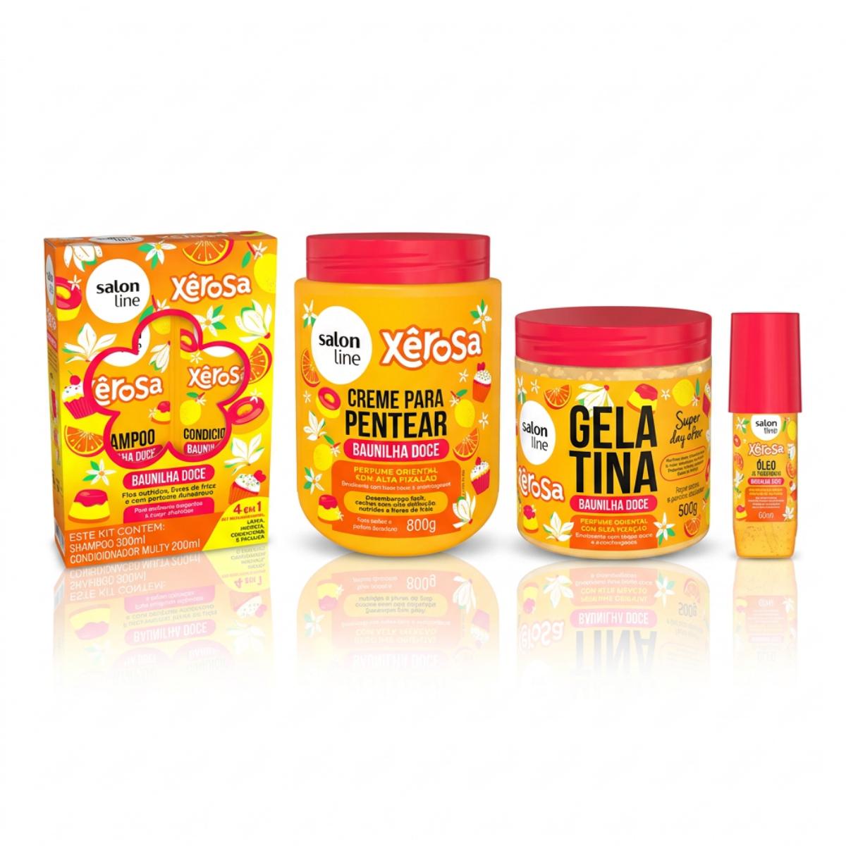 Kit Shampoo Acondicionador, Crema de Peinar, gel y oleo Xerosa Vainilla Dulce