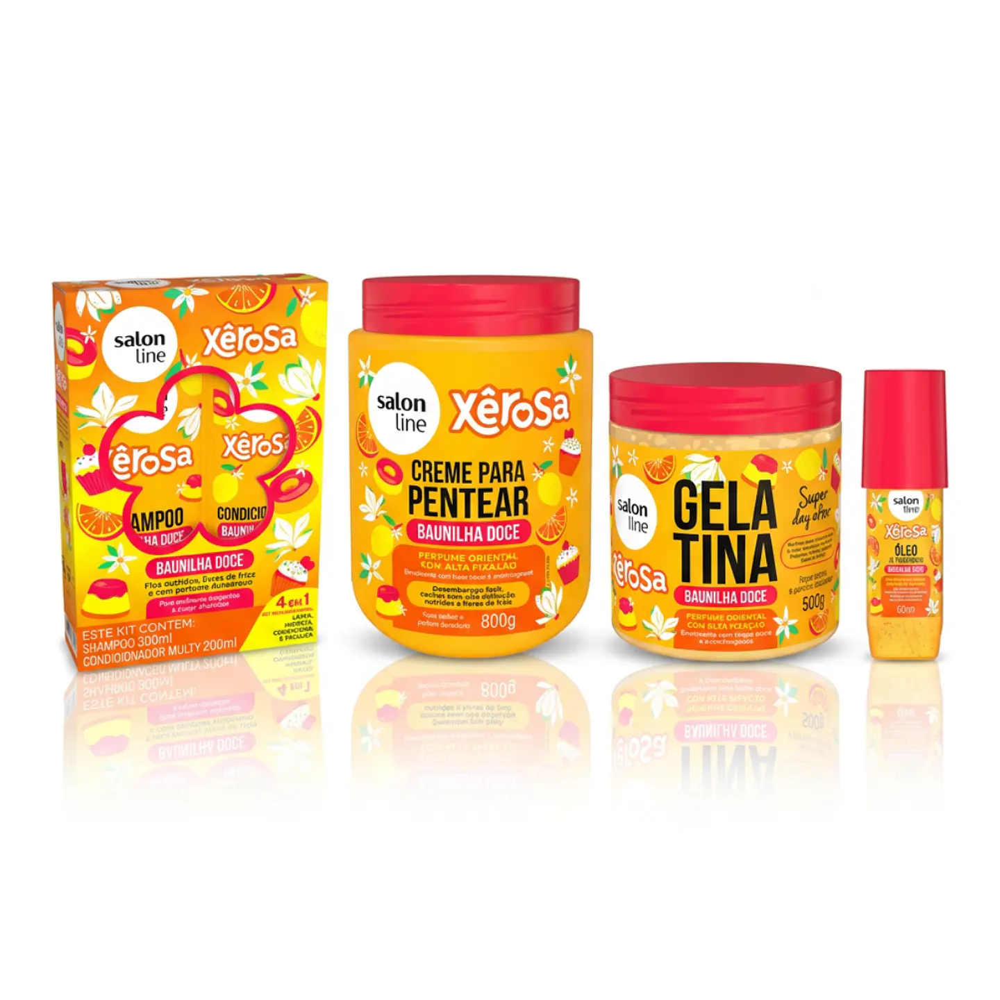 Pack Shampoo/Acondicionador, Crema de Peinar,gel y oleo Xêrosa Vainilla Dulce 1
