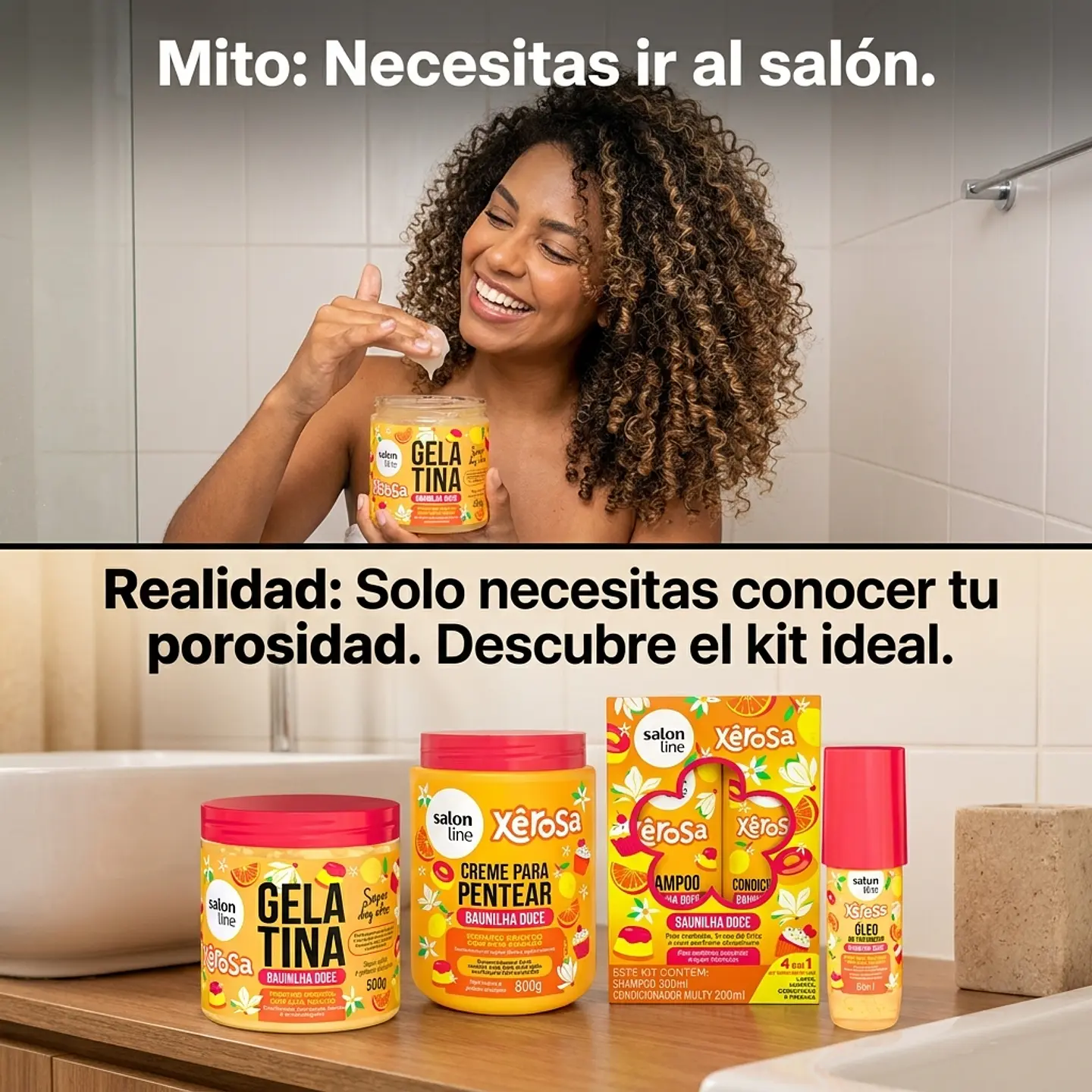 Kit Shampoo Acondicionador, Crema de Peinar, gel y oleo Xerosa Vainilla Dulce 5