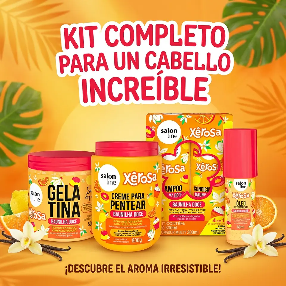 Kit Shampoo Acondicionador, Crema de Peinar, gel y oleo Xerosa Vainilla Dulce 4