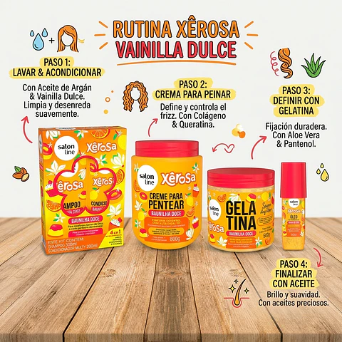 Kit Shampoo Acondicionador, Crema de Peinar, gel y oleo Xerosa Vainilla Dulce