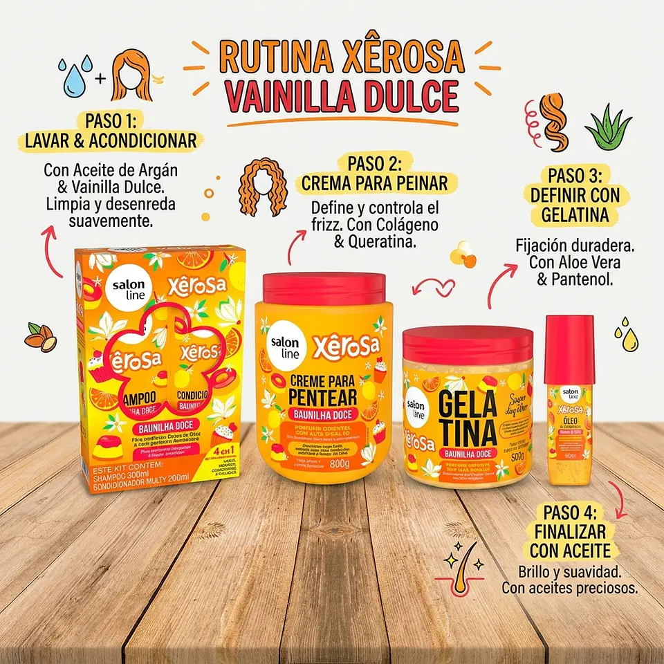 Kit Shampoo Acondicionador, Crema de Peinar, gel y oleo Xerosa Vainilla Dulce 2
