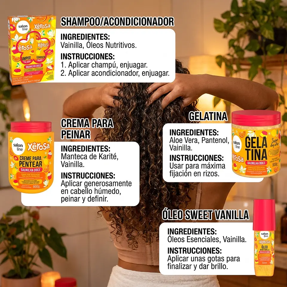 Kit Shampoo Acondicionador, Crema de Peinar, gel y oleo Xerosa Vainilla Dulce 3