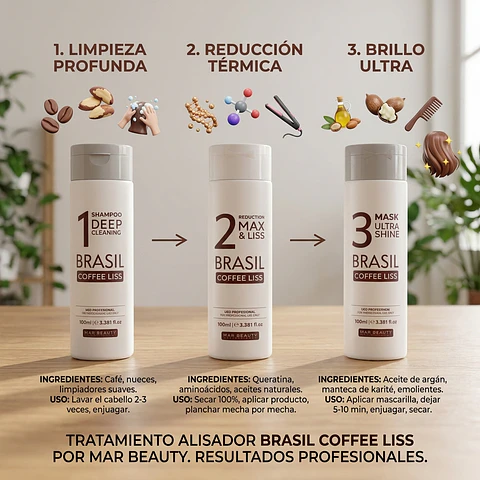 Alisado progresivo y termoactivo Brasil Coffe Liss 3 Pasos 100ml 