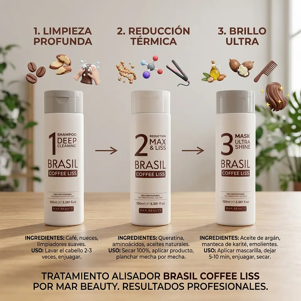 Alisado progresivo y termoactivo Brasil Coffe Liss 3 Pasos 100ml  2