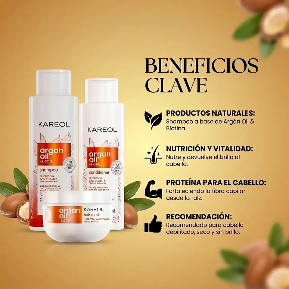 Pack Shampoo + Acondicionador y Mascara Argan oil + Biotina Kareol 4