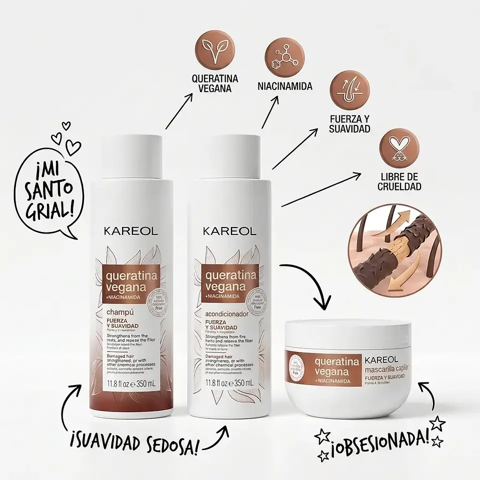 Pack Shampoo + Acondicionador y Mascara  Kareol Keratin vegan + nacinamide 4