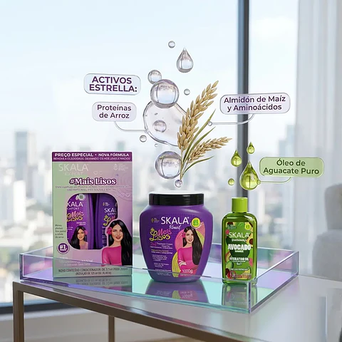 Kit Skala Mais Lisos 4 en 1: Efecto Espejo, Control Frizz y Óleo Térmico