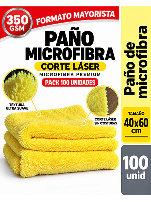 PAÑOS MICROFIBRA AMARILLA 350 GSM – VENTA POR MAYOR – PACK 100 UNIDADES