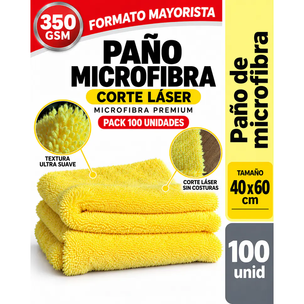 PAÑOS MICROFIBRA AMARILLA 350 GSM – VENTA POR MAYOR – PACK 100 UNIDADES 1