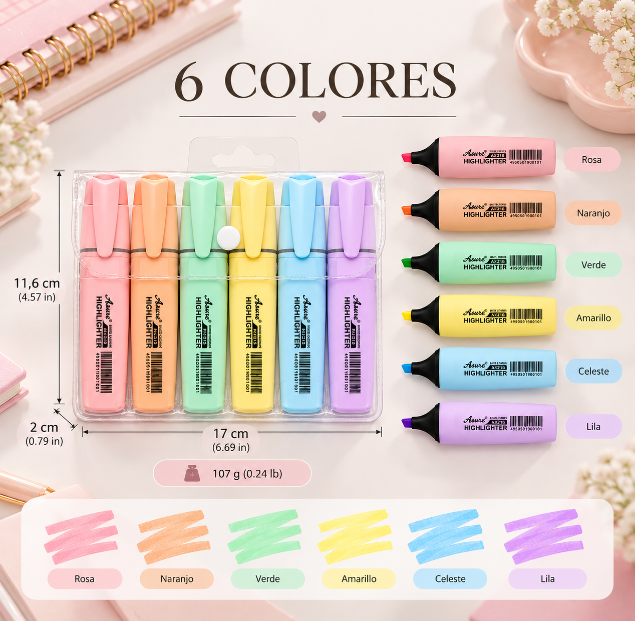 Destacadores 6 colores pastel  3