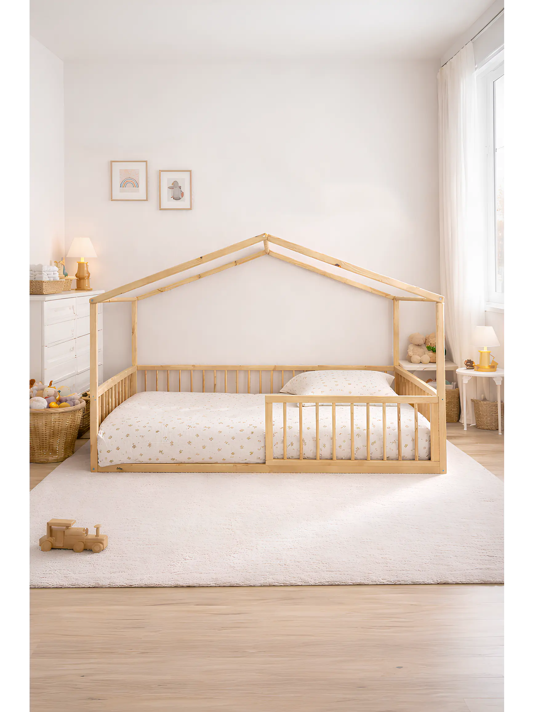 Cama casinha branco, cavilhas ao natural 1