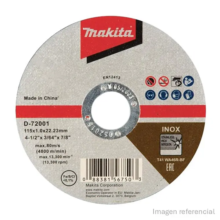 Disco corte acero inox. 4-1/2¨ Makita D-72001 1