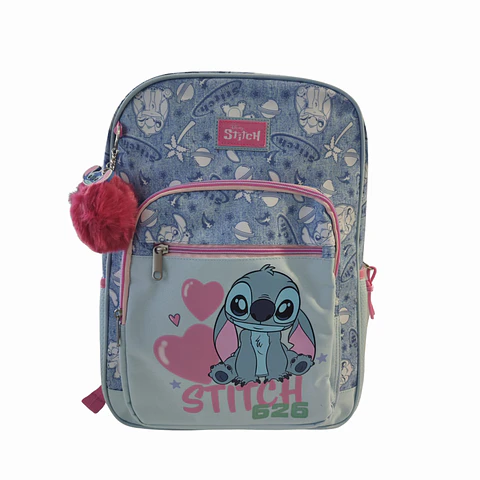 Mochila Escolar Stitch Disney Adaptável a Carrinho com Pompom Rosa