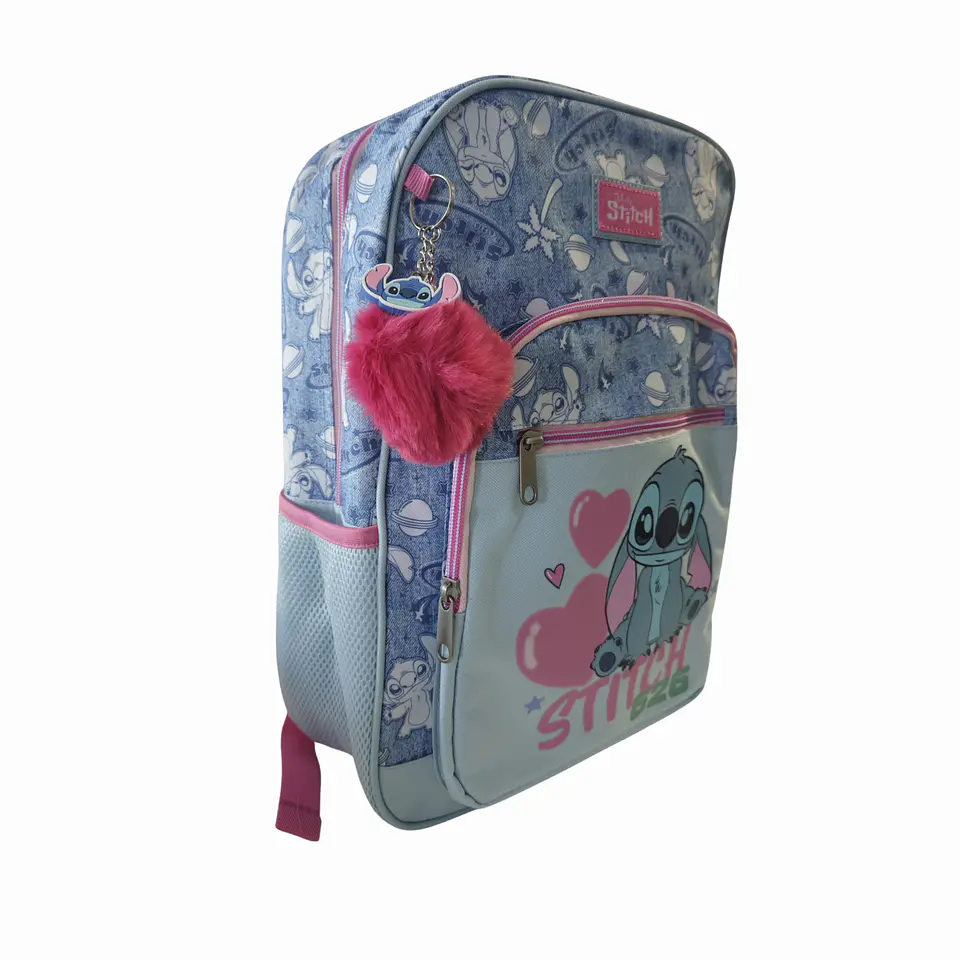 Mochila Escolar Stitch Disney Adaptável a Carrinho com Pompom Rosa 2