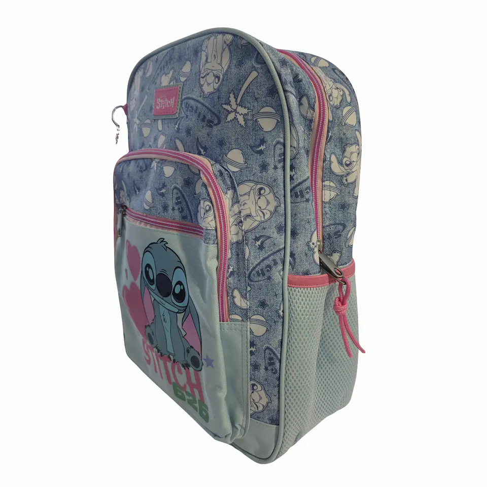 Mochila Escolar Stitch Disney Adaptável a Carrinho com Pompom Rosa 3