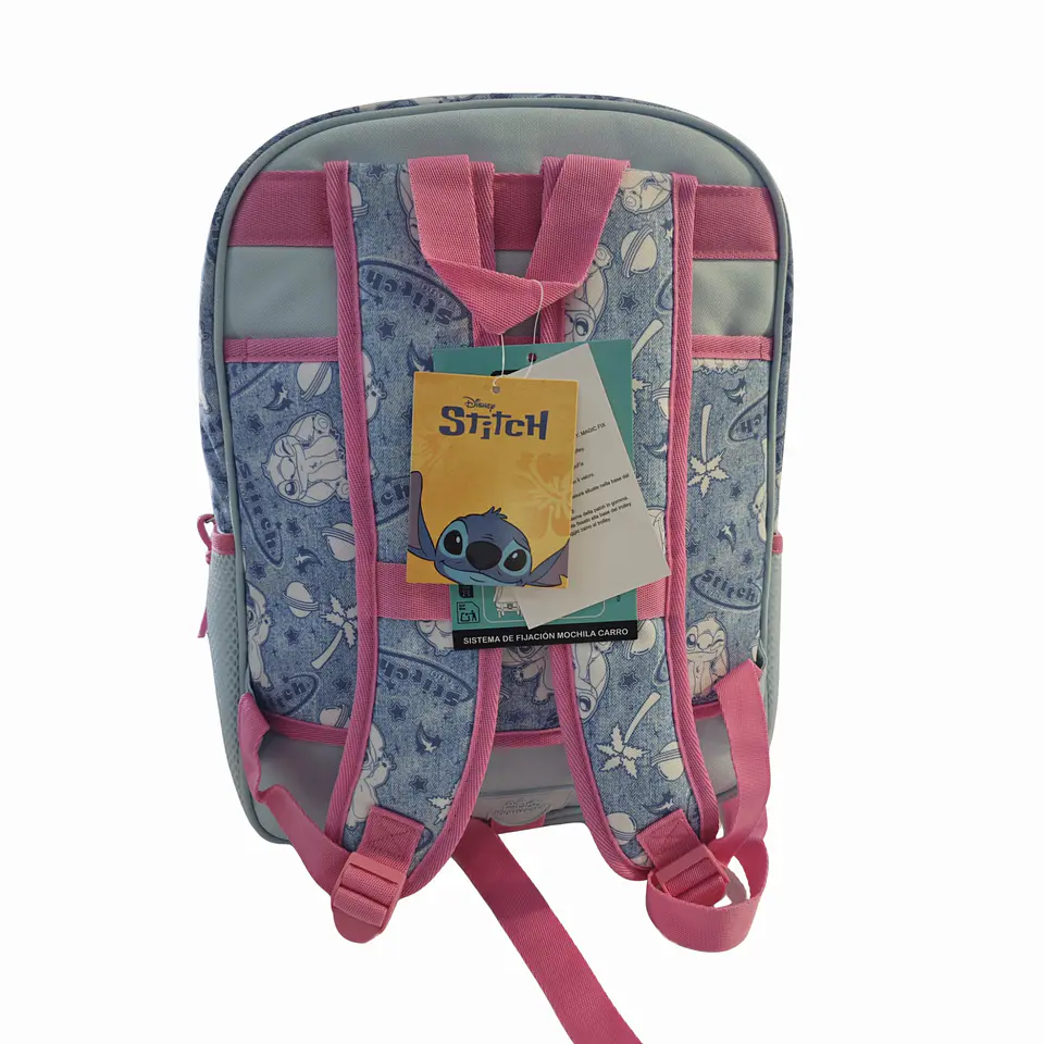 Mochila Escolar Stitch Disney Adaptável a Carrinho com Pompom Rosa 5