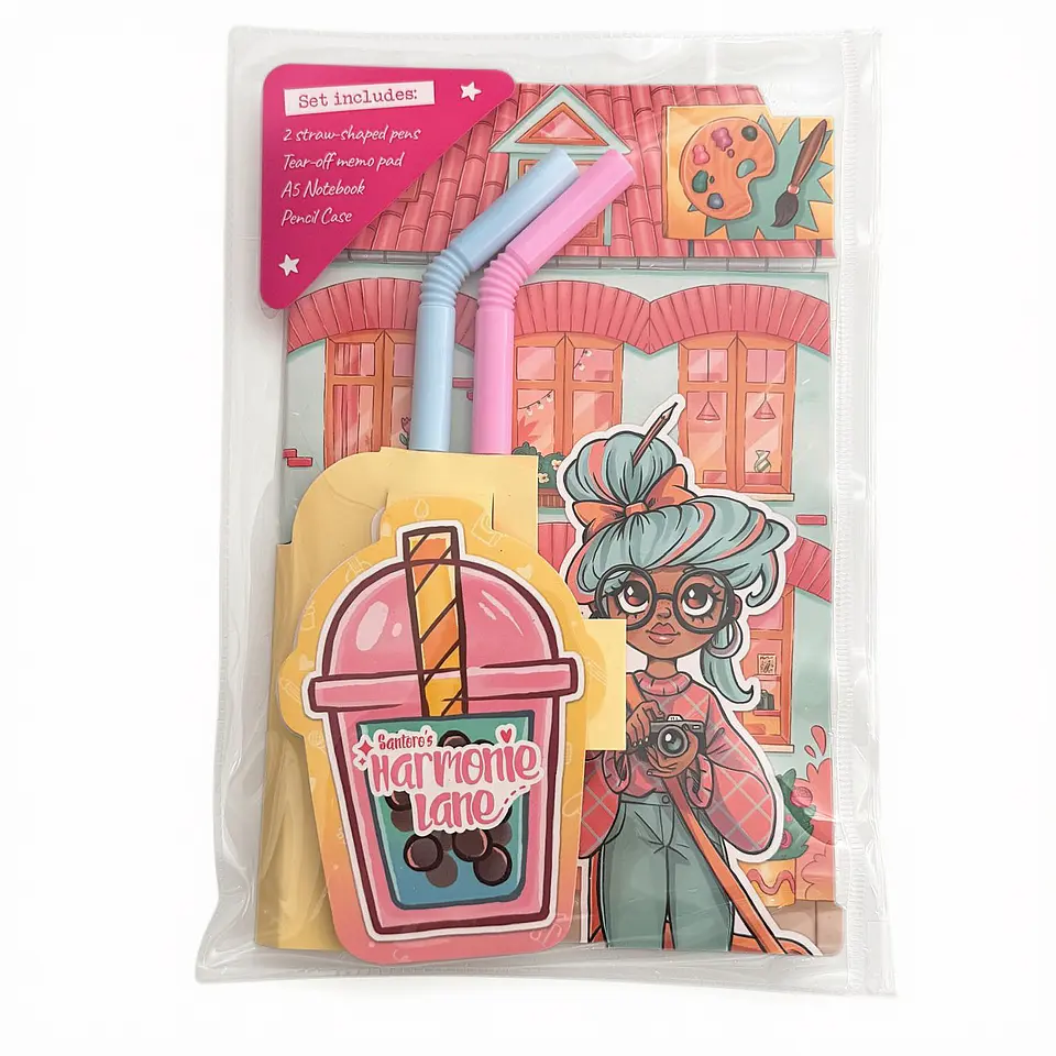 Set Papelaria Santoro's Harmonie Lane – Caderno A5, Estojo, Bloco de Notas e Esferográficas 1