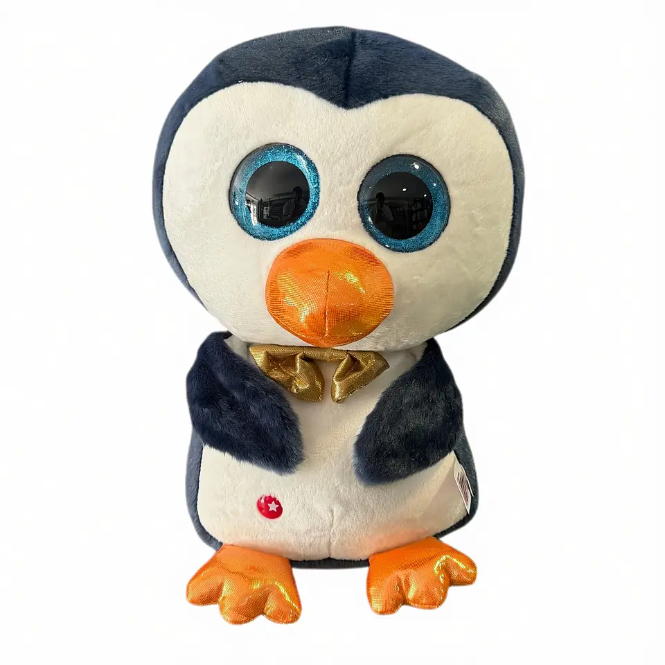 Peluche Pinguim Azul e Branco com Laço Dourado e Olhos Brilhantes 1