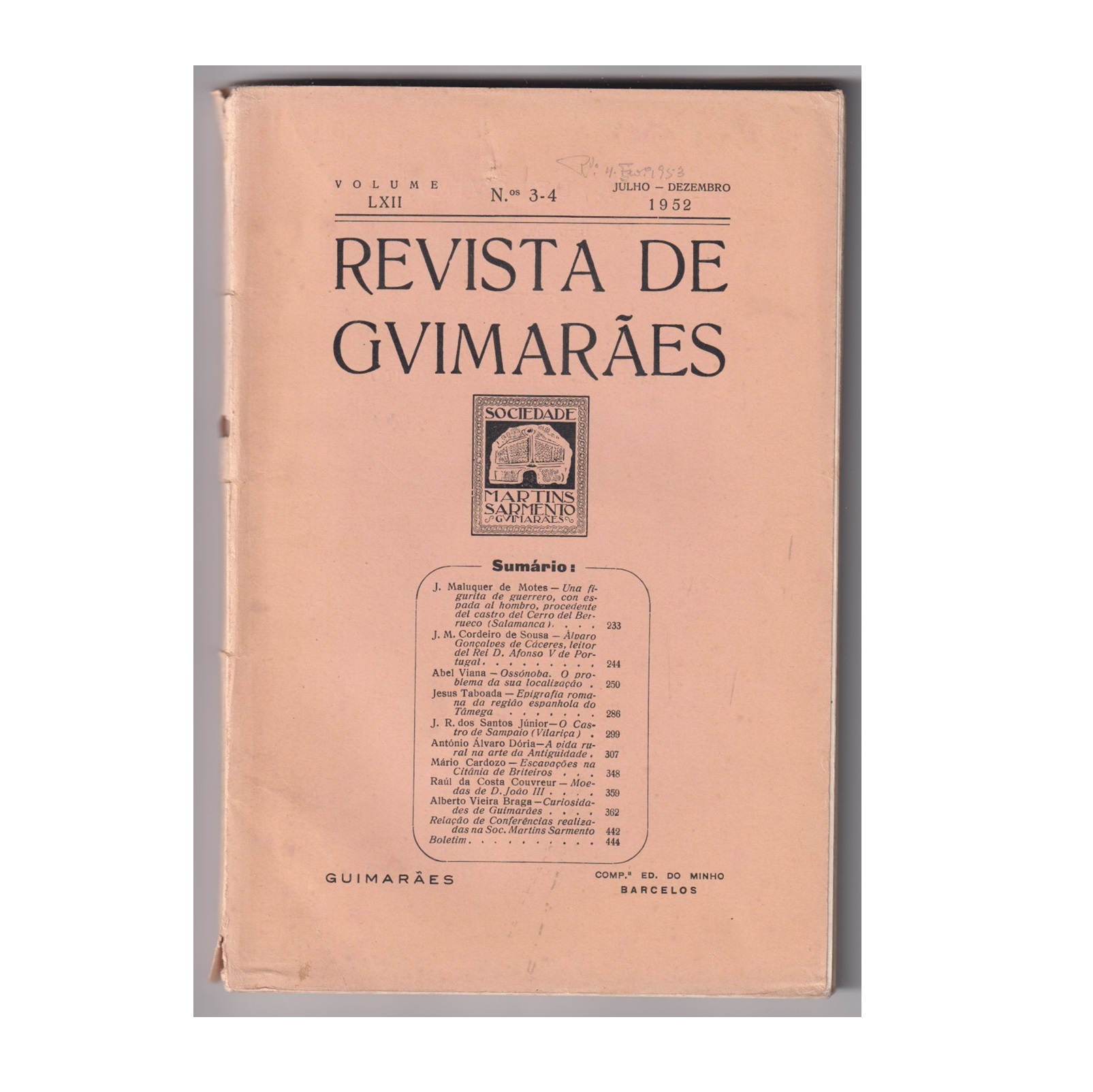 REVISTA DE GUIMARÃES. VOL. LXII. N.º 3-4, 1952