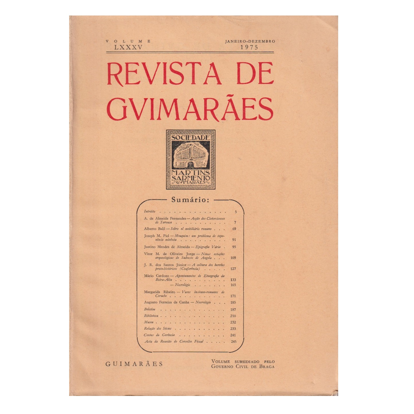 REVISTA DE GUIMARÃES. VOL. LXXXV.  1975.
