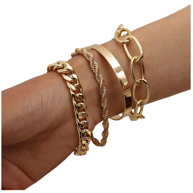 Gold Plated Rope, Paper Clip, Cuban  link, C Shape Bracelet Set 