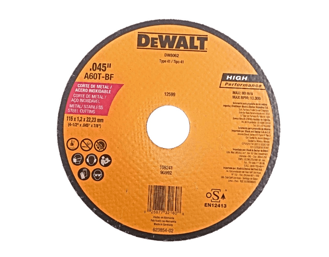 Disco Abrasivo Dewalt Corte Metal 4 1/2 X 0.045 Pulgadas Ref DW8062