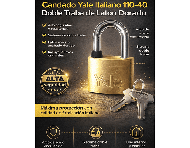 Candado Yale Italiano 110-40 Original 2 Llaves Color Dorado
