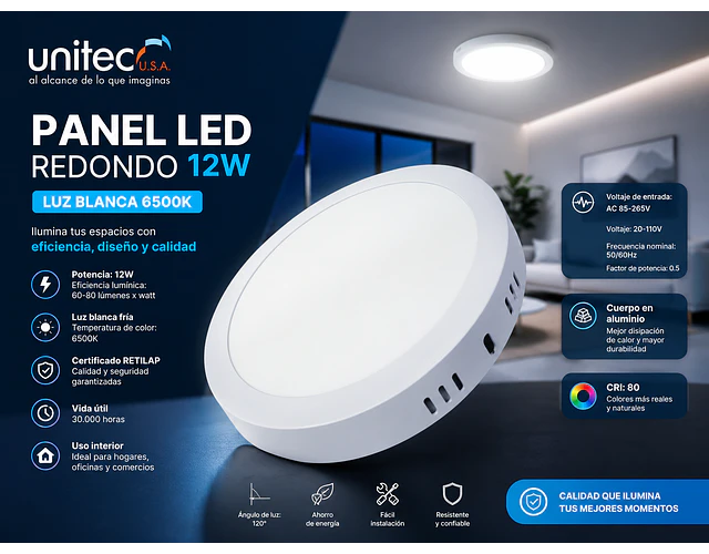 Panel Led Redondo 12w Luz Blanca Unitec Certificado Retilap
