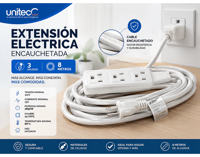 Extensión Eléctrica Encauchetada 8 Metros 3 Salidas Unitec