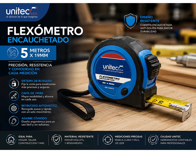 Flexómetro Cinta Metrica 5 Metros X 19mm Encauchetado Unitec