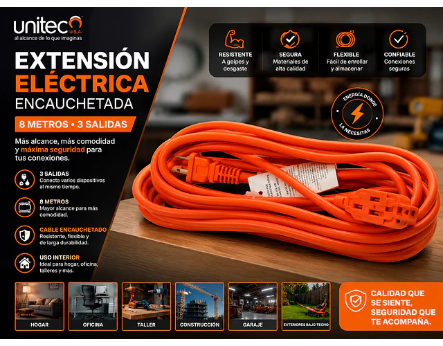 Extensión Eléctrica Encauchetada 8 Metros 3 Salidas Naranja Unitec