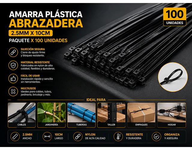 Amarra Plastica Abrazadera 2.5mm X 10cm Largo Paquete X 100