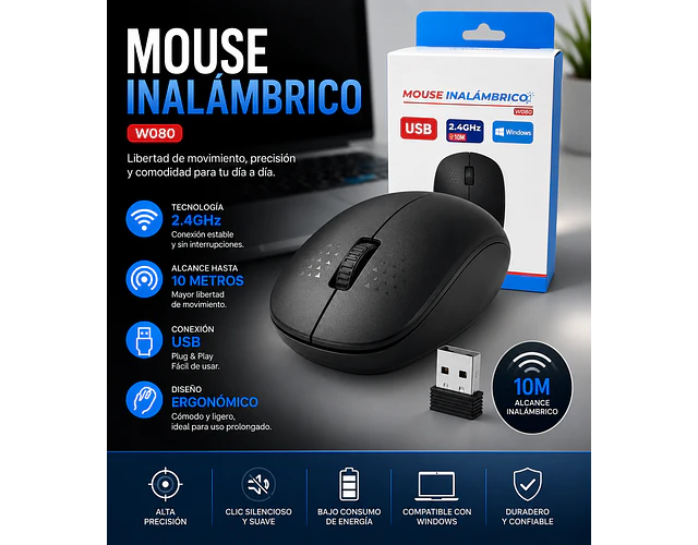 Mouse Inalámbrico W080 Unitec Usb 2.4ghz 10 Metros Negro