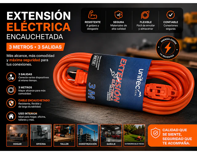 Extensión Eléctrica Encauchetada 3 Metros 3 Salidas Naranja Unitec