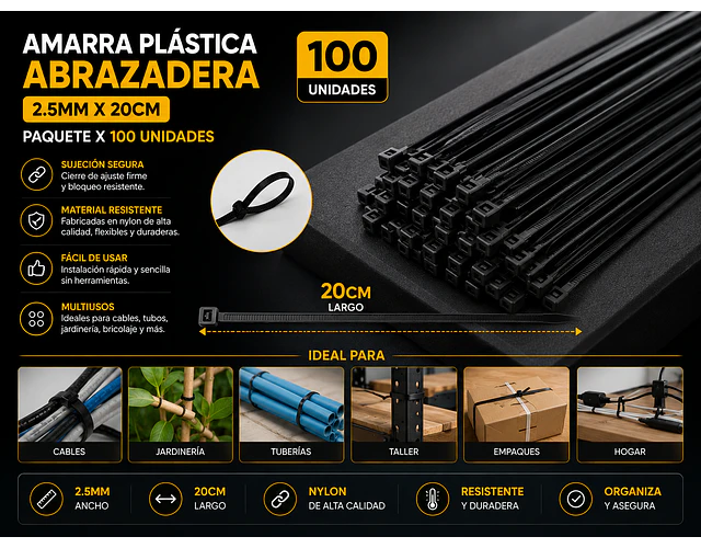 Amarra Plastica Abrazadera 2.5mm X 20cm Largo Paquete X 100