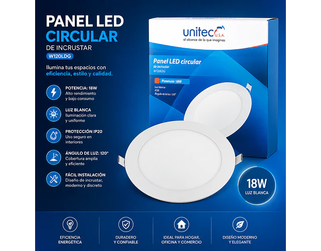Panel Led Redondo Incrustar 18w Unitec Certificado Retilap